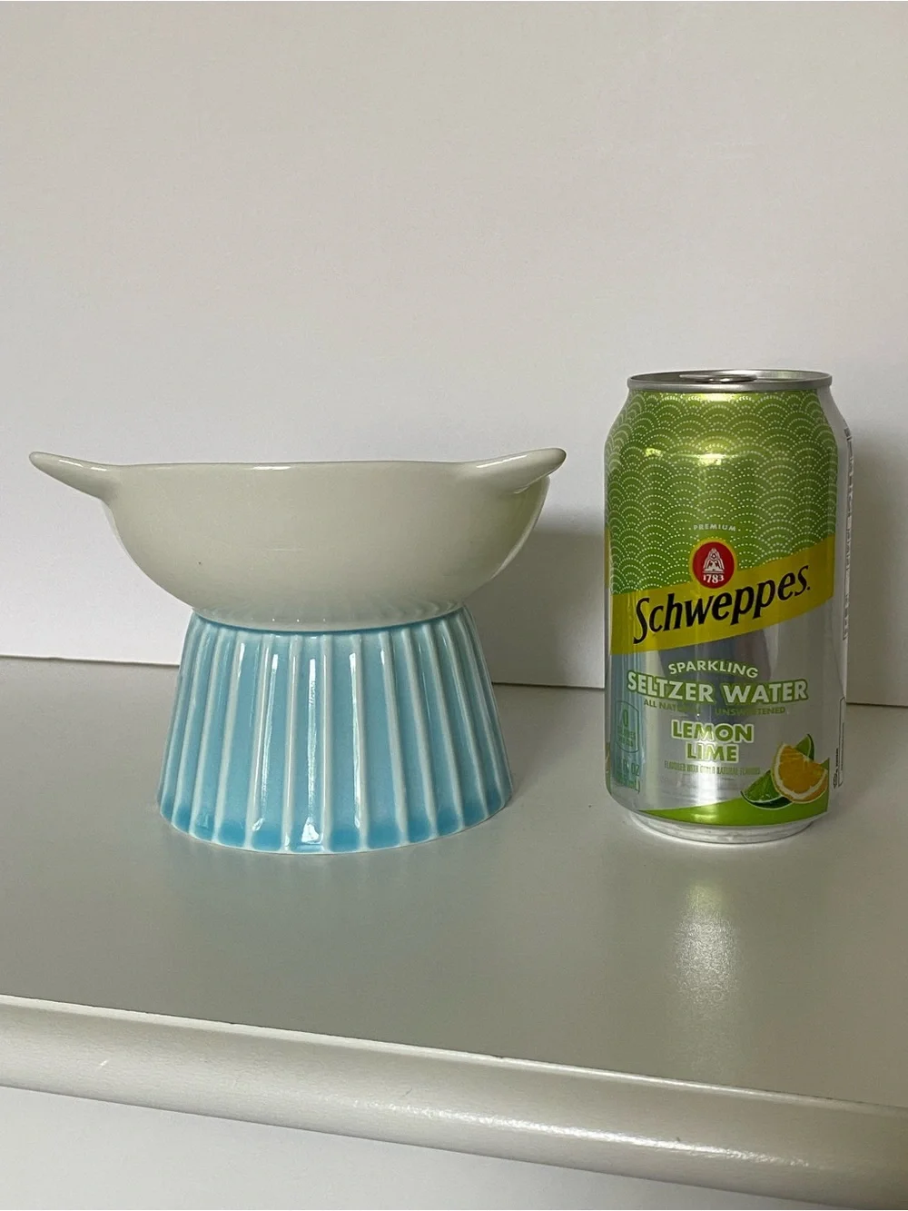 Raised Cat Food Bowl Pedestal Face Ears White Aqua Porcelain Water Dish Ceramic